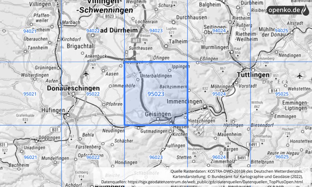 Übersichtskarte KOSTRA-DWD-2010R Rasterfeld Nr. 95023 mit angrenzenden Feldern