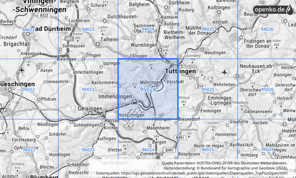 Übersichtskarte KOSTRA-DWD-2010R Rasterfeld Nr. 95024 mit angrenzenden Feldern