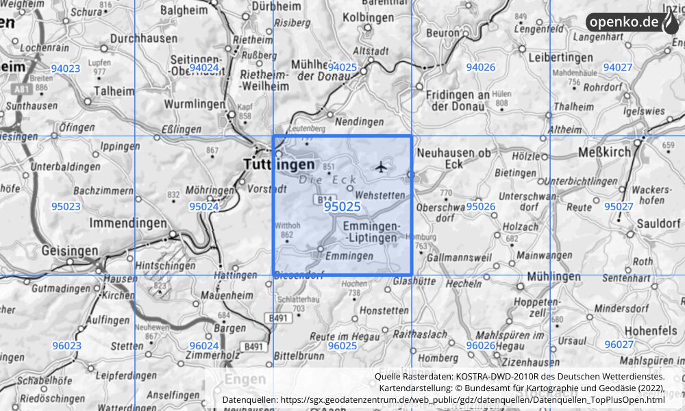 Übersichtskarte KOSTRA-DWD-2010R Rasterfeld Nr. 95025 mit angrenzenden Feldern