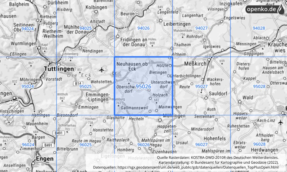 Übersichtskarte KOSTRA-DWD-2010R Rasterfeld Nr. 95026 mit angrenzenden Feldern