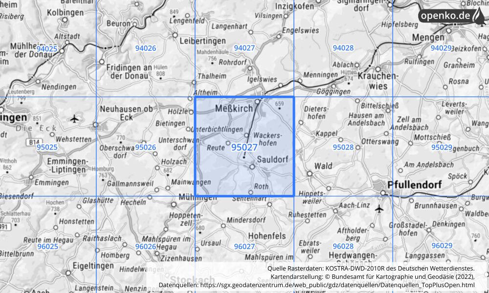 Übersichtskarte KOSTRA-DWD-2010R Rasterfeld Nr. 95027 mit angrenzenden Feldern