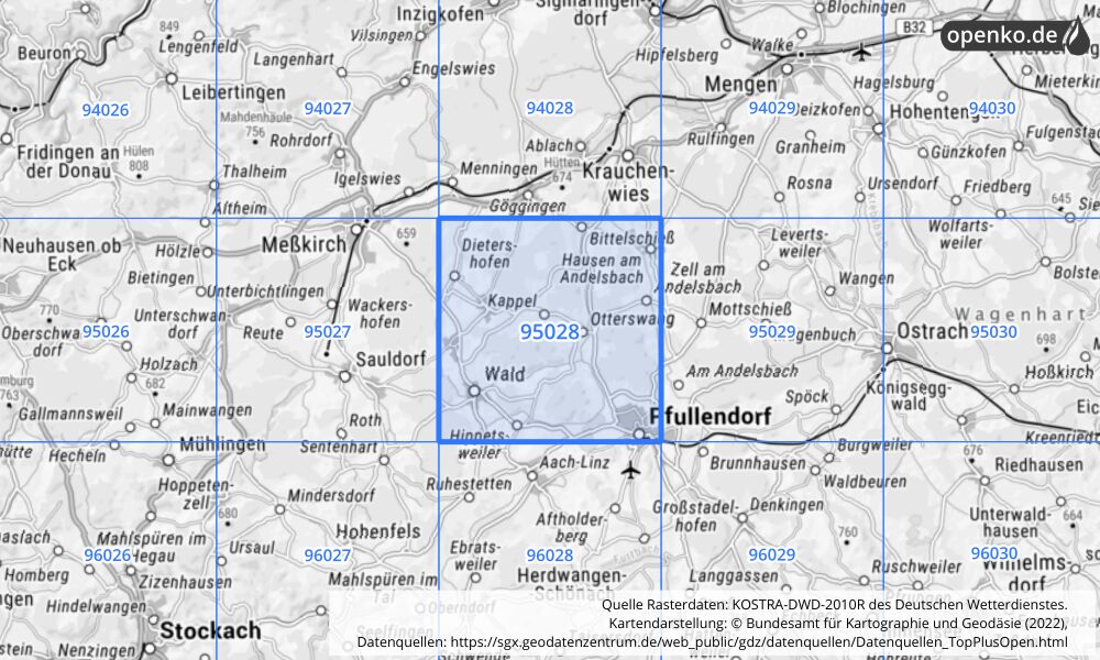 Übersichtskarte KOSTRA-DWD-2010R Rasterfeld Nr. 95028 mit angrenzenden Feldern