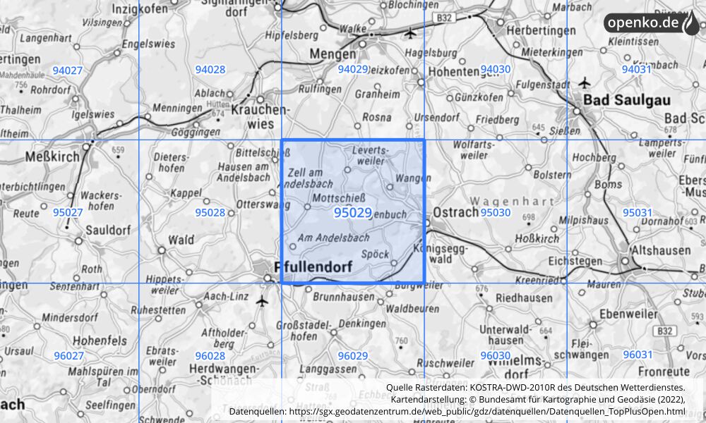 Übersichtskarte KOSTRA-DWD-2010R Rasterfeld Nr. 95029 mit angrenzenden Feldern