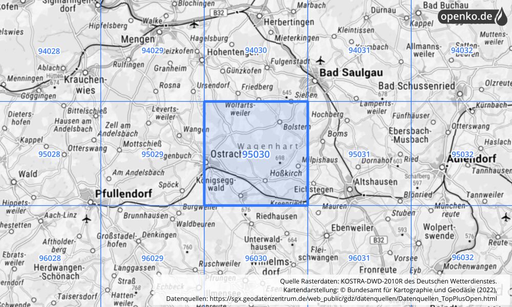 Übersichtskarte KOSTRA-DWD-2010R Rasterfeld Nr. 95030 mit angrenzenden Feldern