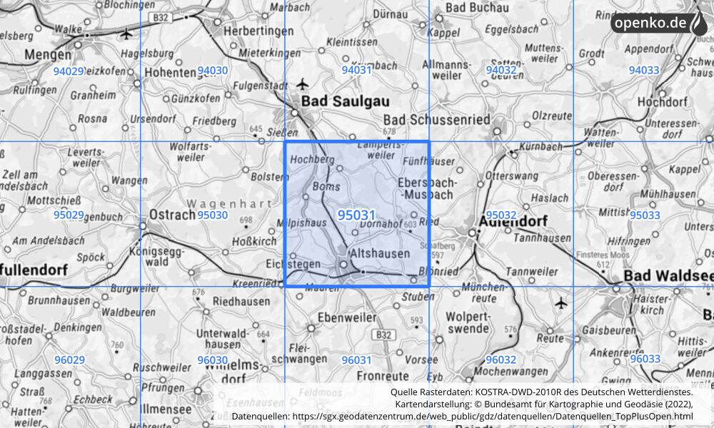 Übersichtskarte KOSTRA-DWD-2010R Rasterfeld Nr. 95031 mit angrenzenden Feldern