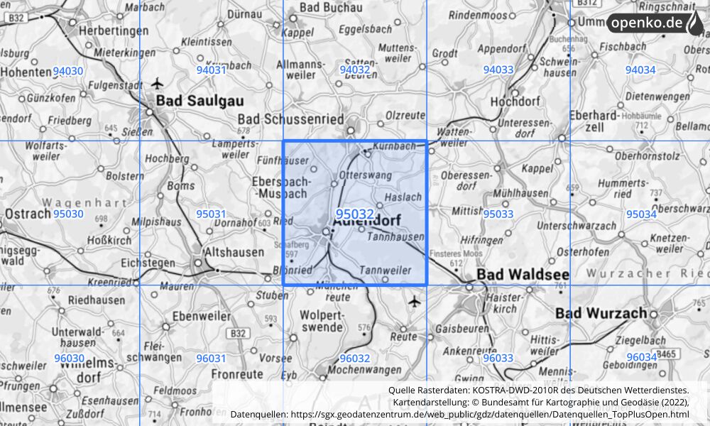 Übersichtskarte KOSTRA-DWD-2010R Rasterfeld Nr. 95032 mit angrenzenden Feldern