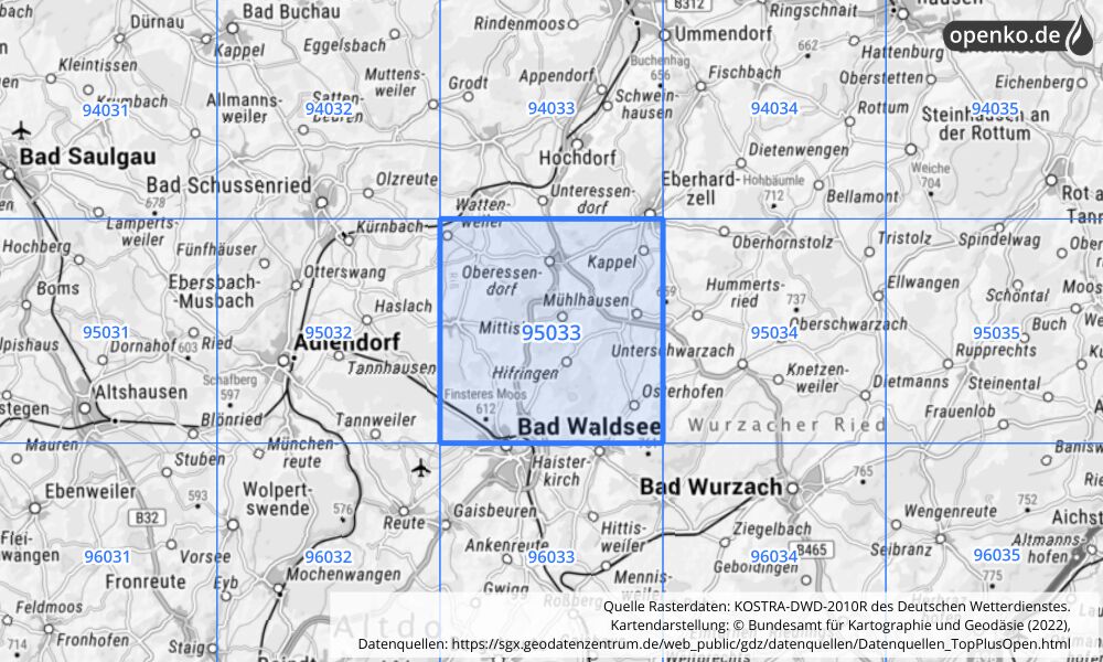 Übersichtskarte KOSTRA-DWD-2010R Rasterfeld Nr. 95033 mit angrenzenden Feldern