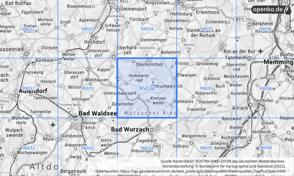 Übersichtskarte KOSTRA-DWD-2010R Rasterfeld Nr. 95034 mit angrenzenden Feldern