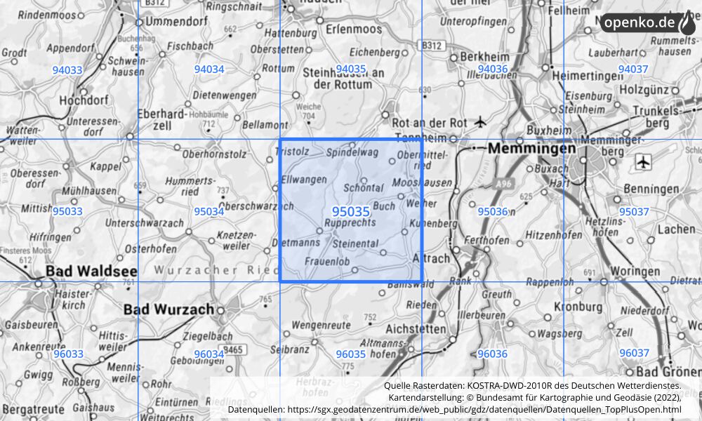 Übersichtskarte KOSTRA-DWD-2010R Rasterfeld Nr. 95035 mit angrenzenden Feldern