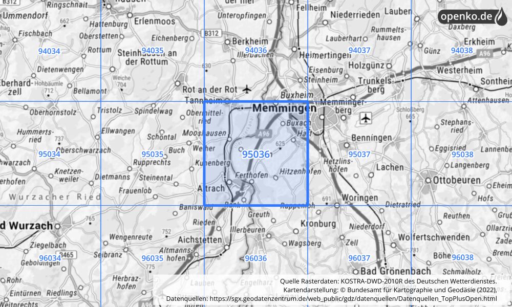 Übersichtskarte KOSTRA-DWD-2010R Rasterfeld Nr. 95036 mit angrenzenden Feldern