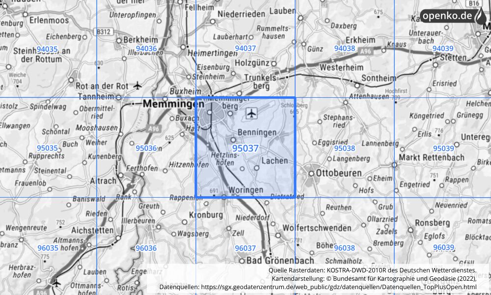 Übersichtskarte KOSTRA-DWD-2010R Rasterfeld Nr. 95037 mit angrenzenden Feldern