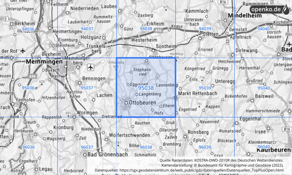 Übersichtskarte KOSTRA-DWD-2010R Rasterfeld Nr. 95038 mit angrenzenden Feldern