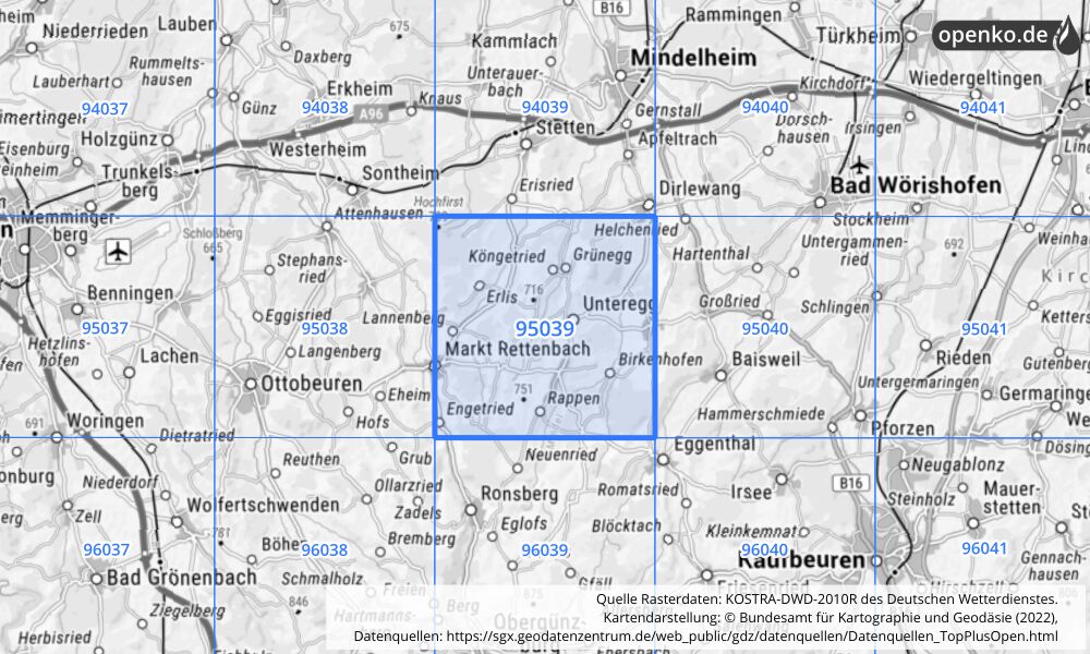 Übersichtskarte KOSTRA-DWD-2010R Rasterfeld Nr. 95039 mit angrenzenden Feldern