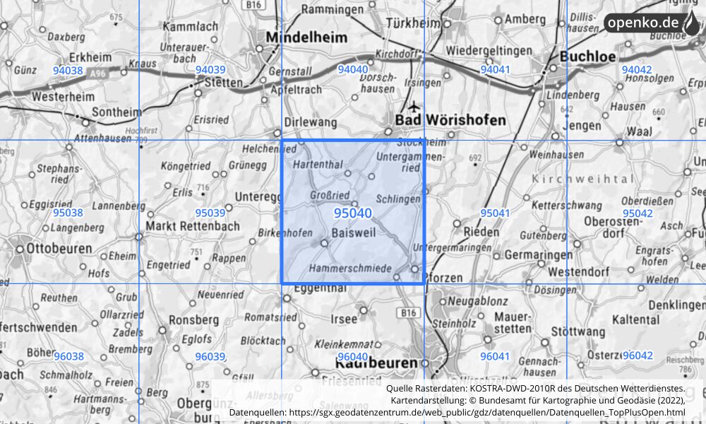 Übersichtskarte KOSTRA-DWD-2010R Rasterfeld Nr. 95040 mit angrenzenden Feldern