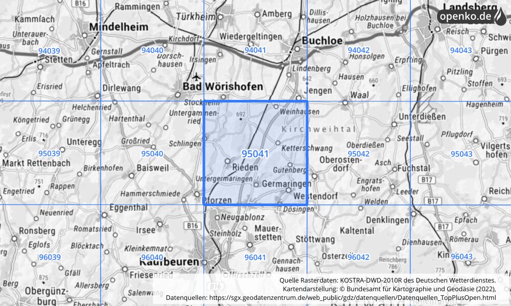 Übersichtskarte KOSTRA-DWD-2010R Rasterfeld Nr. 95041 mit angrenzenden Feldern