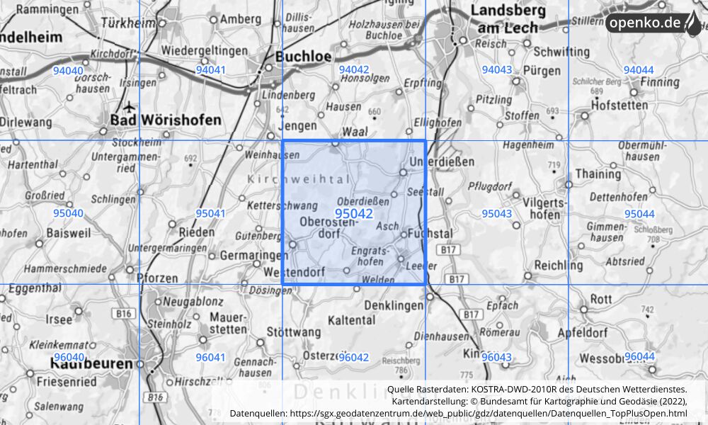 Übersichtskarte KOSTRA-DWD-2010R Rasterfeld Nr. 95042 mit angrenzenden Feldern