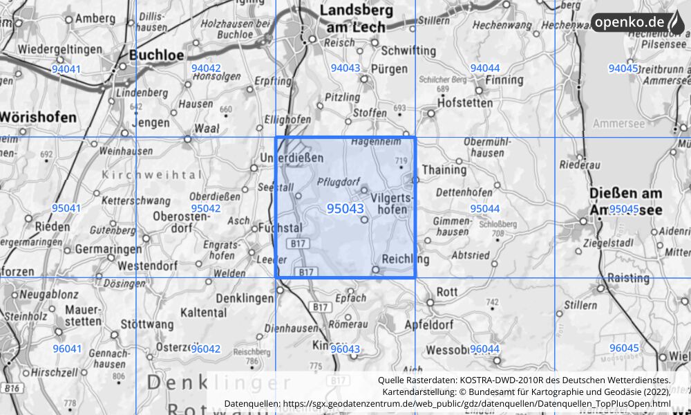 Übersichtskarte KOSTRA-DWD-2010R Rasterfeld Nr. 95043 mit angrenzenden Feldern