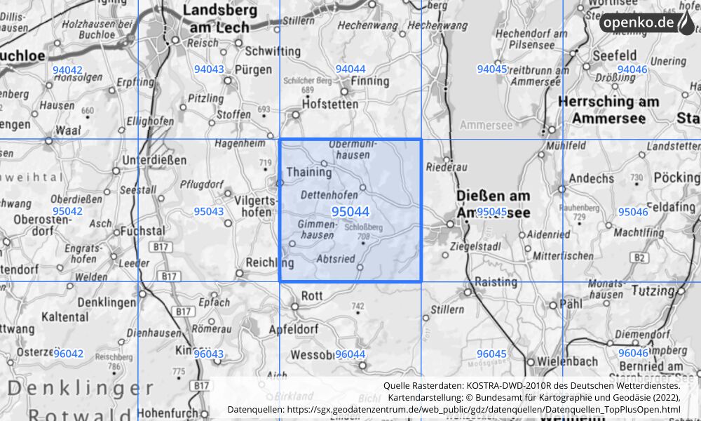 Übersichtskarte KOSTRA-DWD-2010R Rasterfeld Nr. 95044 mit angrenzenden Feldern