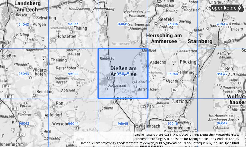 Übersichtskarte KOSTRA-DWD-2010R Rasterfeld Nr. 95045 mit angrenzenden Feldern