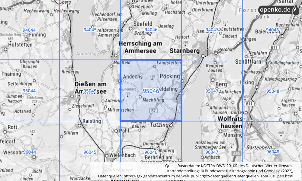 Übersichtskarte KOSTRA-DWD-2010R Rasterfeld Nr. 95046 mit angrenzenden Feldern