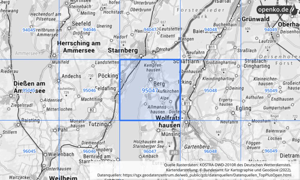 Übersichtskarte KOSTRA-DWD-2010R Rasterfeld Nr. 95047 mit angrenzenden Feldern