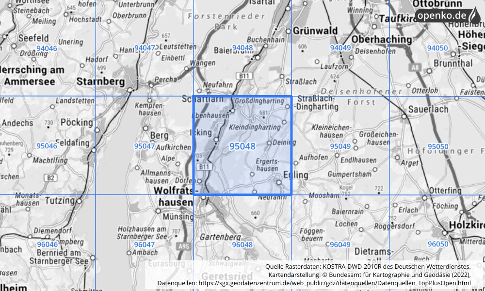 Übersichtskarte KOSTRA-DWD-2010R Rasterfeld Nr. 95048 mit angrenzenden Feldern