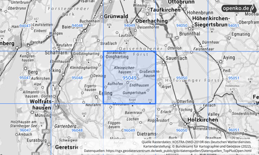 Übersichtskarte KOSTRA-DWD-2010R Rasterfeld Nr. 95049 mit angrenzenden Feldern