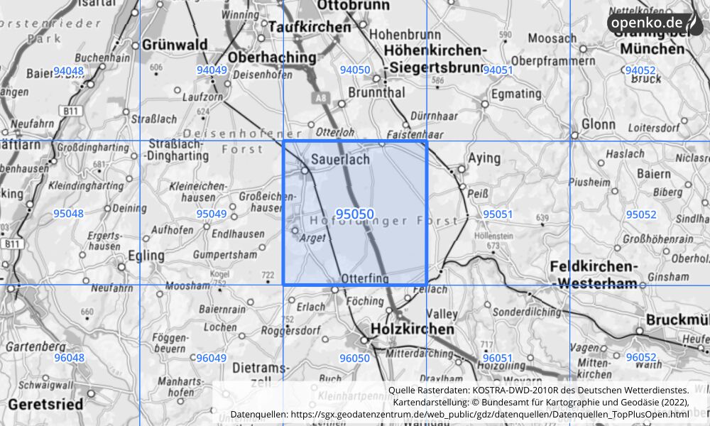 Übersichtskarte KOSTRA-DWD-2010R Rasterfeld Nr. 95050 mit angrenzenden Feldern