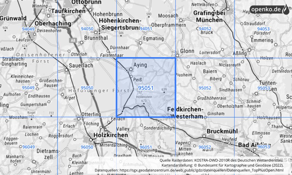 Übersichtskarte KOSTRA-DWD-2010R Rasterfeld Nr. 95051 mit angrenzenden Feldern