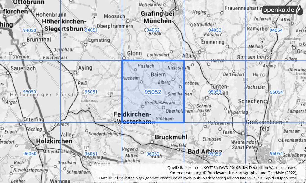 Übersichtskarte KOSTRA-DWD-2010R Rasterfeld Nr. 95052 mit angrenzenden Feldern