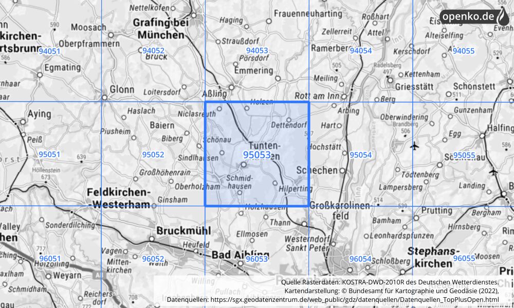 Übersichtskarte KOSTRA-DWD-2010R Rasterfeld Nr. 95053 mit angrenzenden Feldern