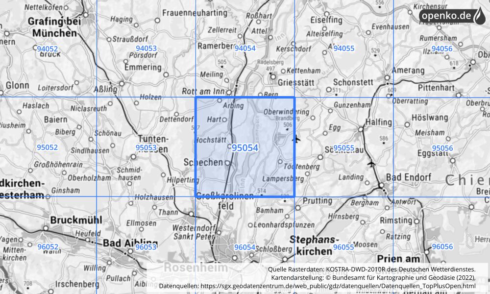 Übersichtskarte KOSTRA-DWD-2010R Rasterfeld Nr. 95054 mit angrenzenden Feldern