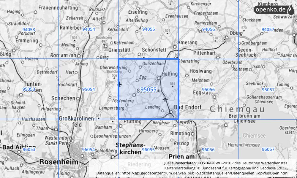 Übersichtskarte KOSTRA-DWD-2010R Rasterfeld Nr. 95055 mit angrenzenden Feldern