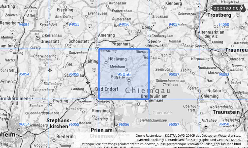 Übersichtskarte KOSTRA-DWD-2010R Rasterfeld Nr. 95056 mit angrenzenden Feldern