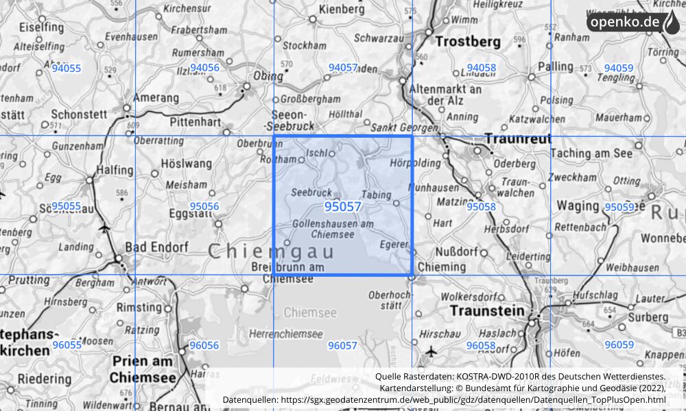 Übersichtskarte KOSTRA-DWD-2010R Rasterfeld Nr. 95057 mit angrenzenden Feldern