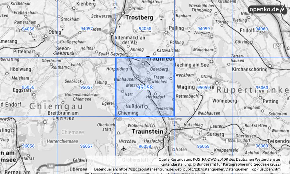 Übersichtskarte KOSTRA-DWD-2010R Rasterfeld Nr. 95058 mit angrenzenden Feldern