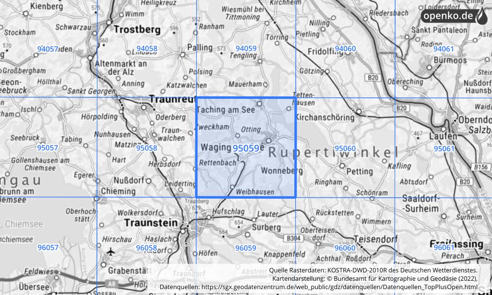 Übersichtskarte KOSTRA-DWD-2010R Rasterfeld Nr. 95059 mit angrenzenden Feldern