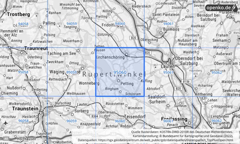 Übersichtskarte KOSTRA-DWD-2010R Rasterfeld Nr. 95060 mit angrenzenden Feldern