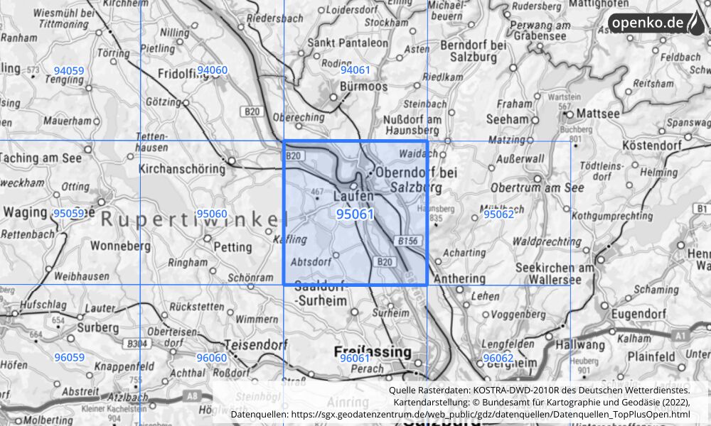 Übersichtskarte KOSTRA-DWD-2010R Rasterfeld Nr. 95061 mit angrenzenden Feldern