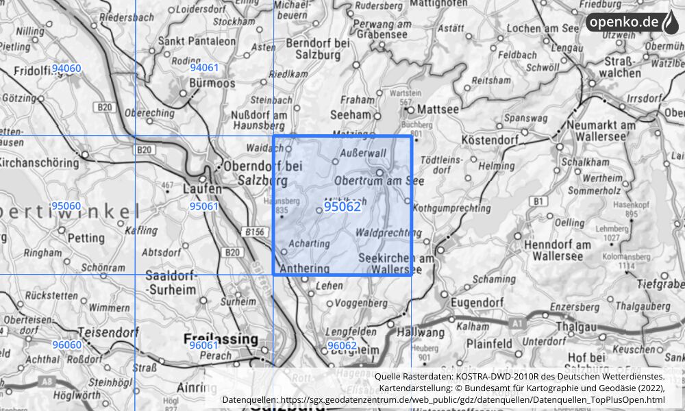 Übersichtskarte KOSTRA-DWD-2010R Rasterfeld Nr. 95062 mit angrenzenden Feldern