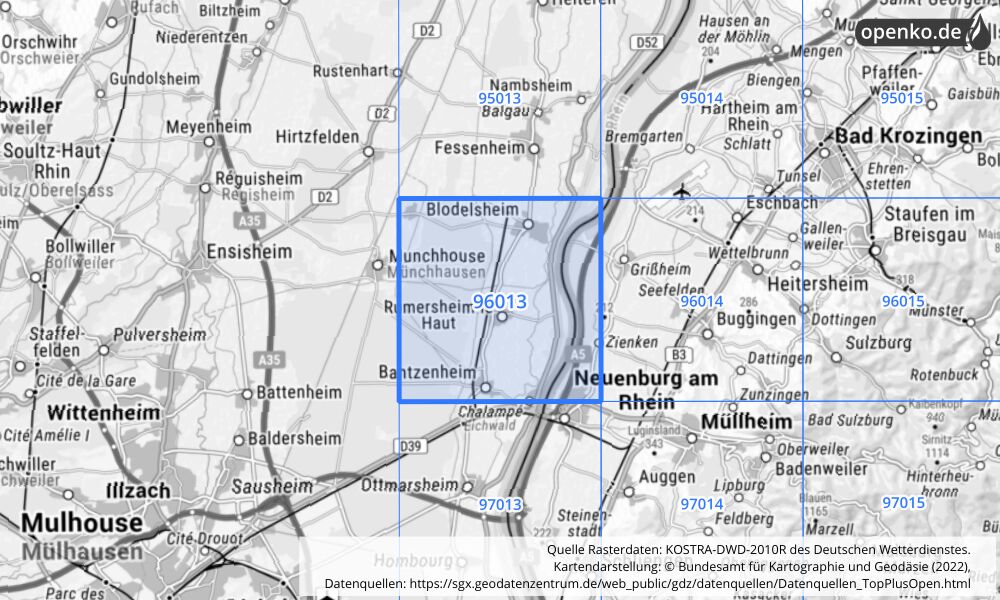 Übersichtskarte KOSTRA-DWD-2010R Rasterfeld Nr. 96013 mit angrenzenden Feldern