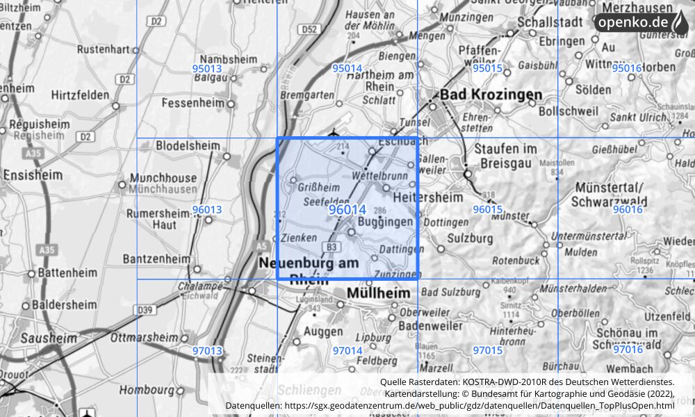 Übersichtskarte KOSTRA-DWD-2010R Rasterfeld Nr. 96014 mit angrenzenden Feldern