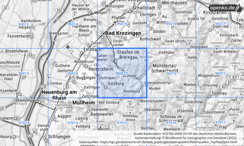 Übersichtskarte KOSTRA-DWD-2010R Rasterfeld Nr. 96015 mit angrenzenden Feldern