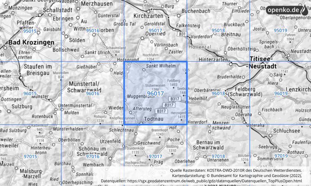 Übersichtskarte KOSTRA-DWD-2010R Rasterfeld Nr. 96017 mit angrenzenden Feldern