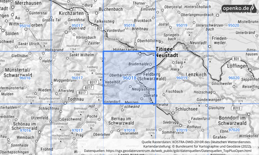 Übersichtskarte KOSTRA-DWD-2010R Rasterfeld Nr. 96018 mit angrenzenden Feldern