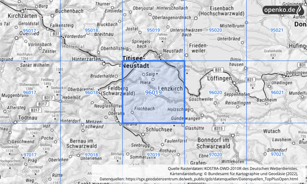 Übersichtskarte KOSTRA-DWD-2010R Rasterfeld Nr. 96019 mit angrenzenden Feldern