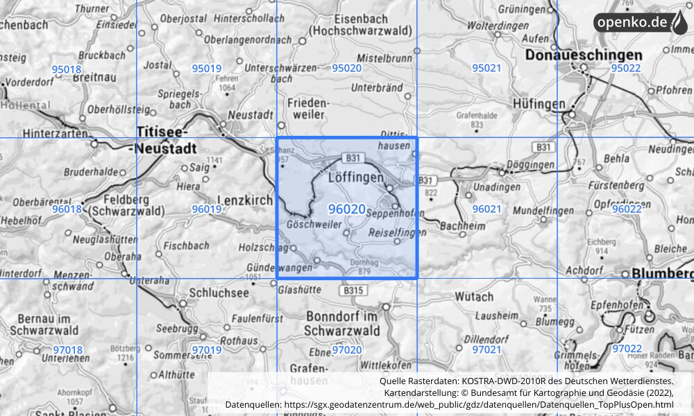 Übersichtskarte KOSTRA-DWD-2010R Rasterfeld Nr. 96020 mit angrenzenden Feldern