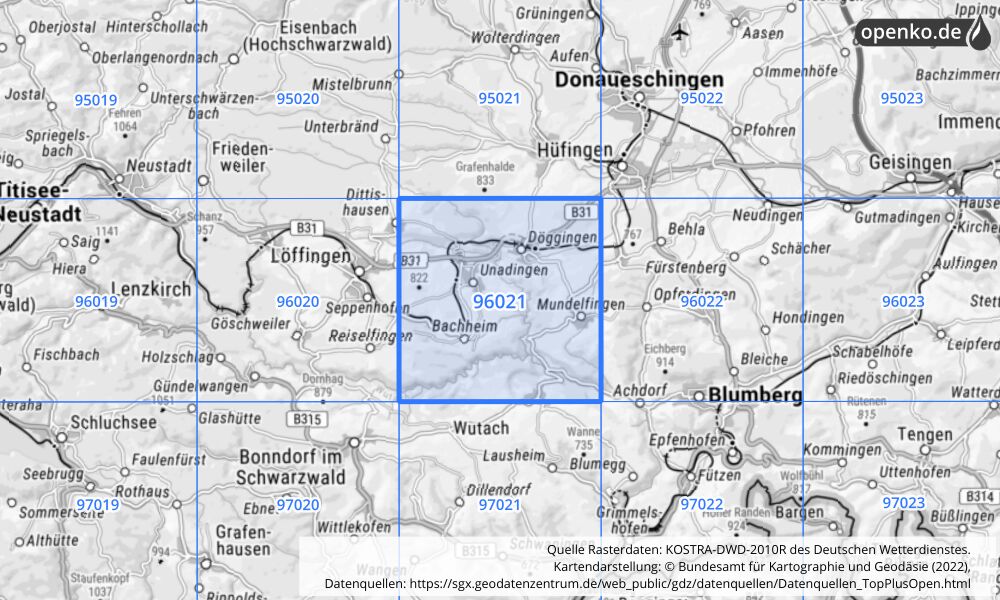 Übersichtskarte KOSTRA-DWD-2010R Rasterfeld Nr. 96021 mit angrenzenden Feldern