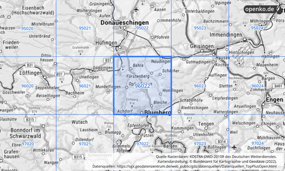 Übersichtskarte KOSTRA-DWD-2010R Rasterfeld Nr. 96022 mit angrenzenden Feldern