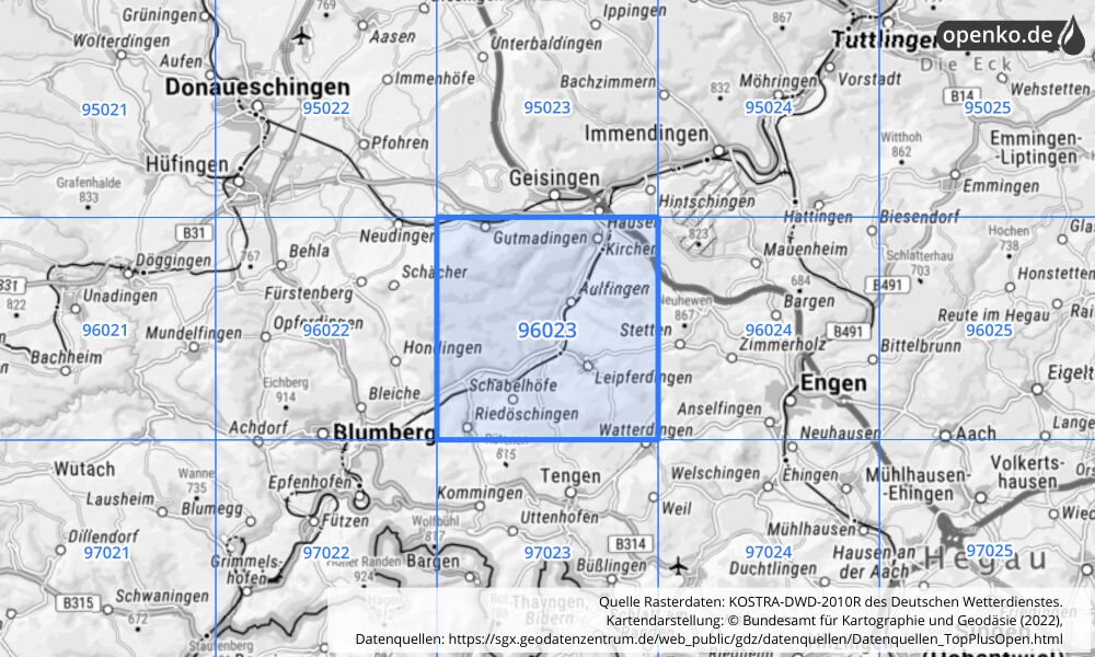 Übersichtskarte KOSTRA-DWD-2010R Rasterfeld Nr. 96023 mit angrenzenden Feldern